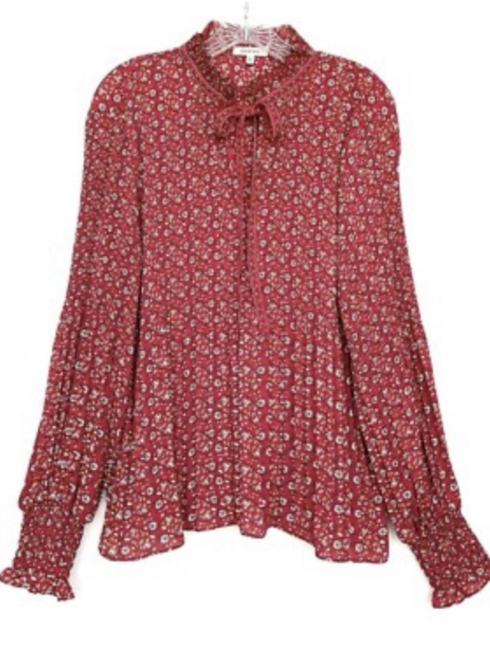 Max Studio Crimson Floral Tie-Neck Peasant Blouse